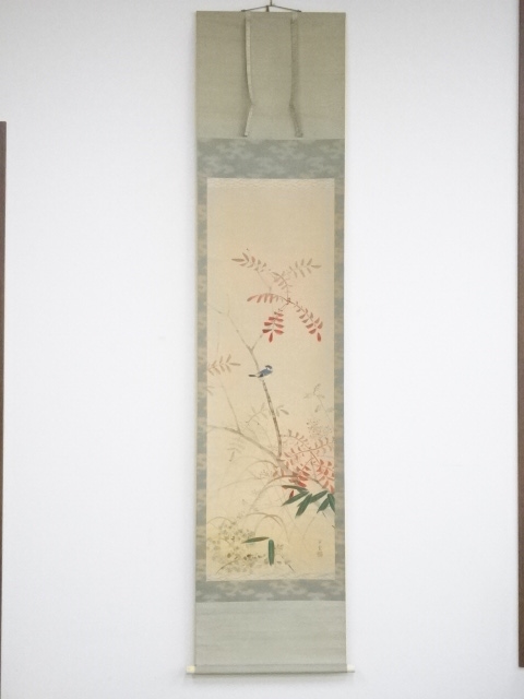 JAPANESE HANGING SCROLL / HAND PAINTED / FLOWER & BIRD